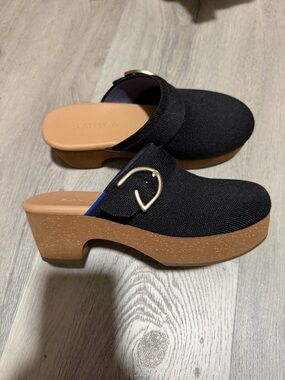 Rothy's Black Knit Platform Clog with Tan Cork-Look Sole and Gold Buckle